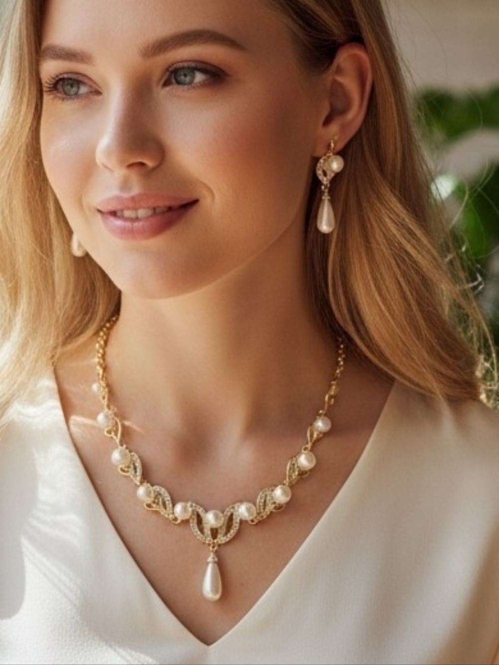 Gold Pearl Rhinestone Bridal Necklace Set Wedding Glam Formal Jewelry Earrings